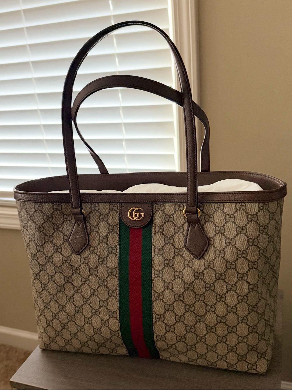 Gucci Beige Brown GG Canvas Tote with Green and Red Web